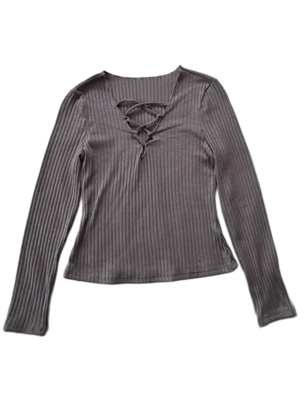 SHEIN Lace Up Front Ribbed Knit Top Gray Women's Medium